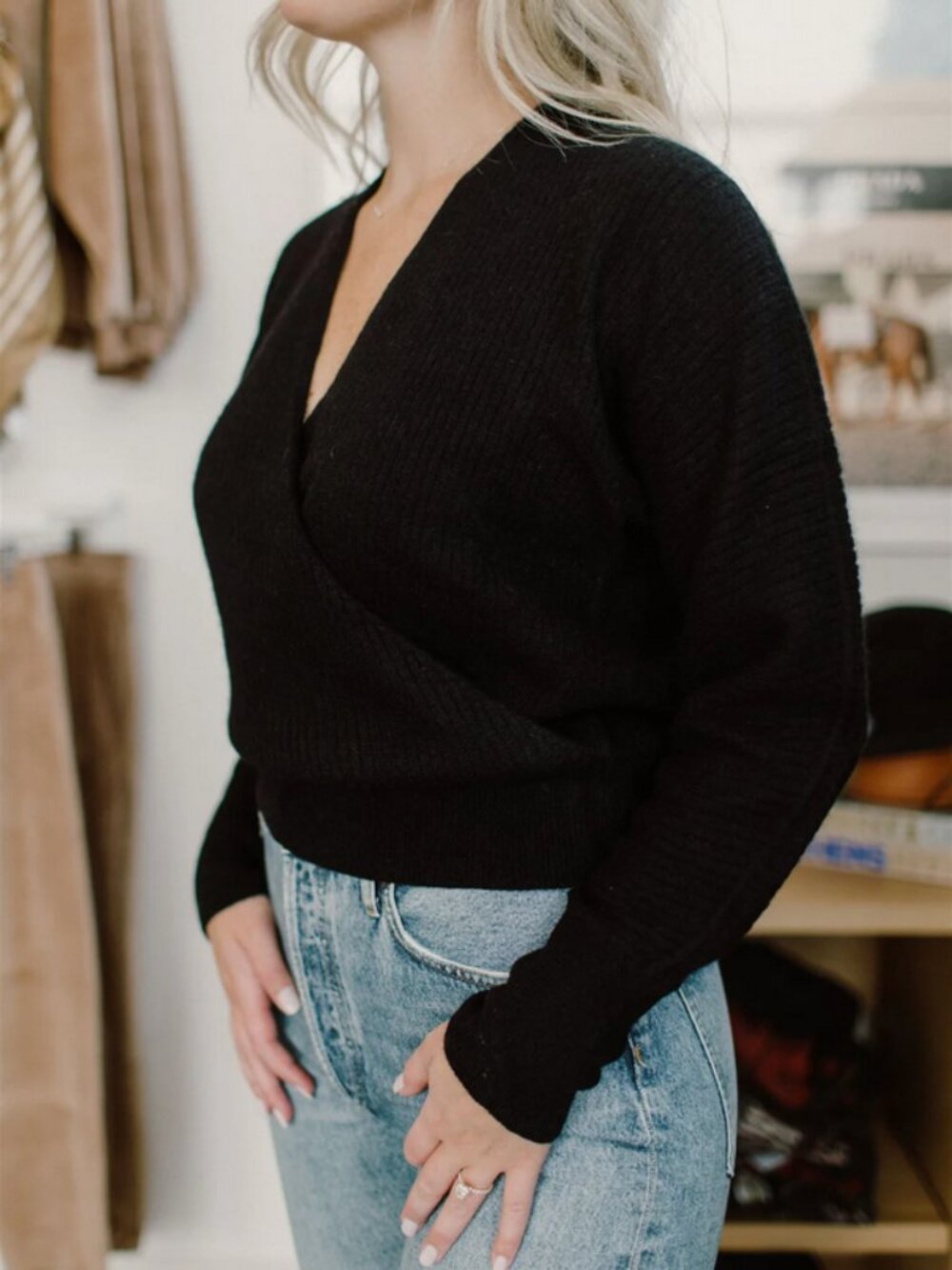 White + Warren - Cashmere Rib Stitch Wrap Top in Black - Size Small